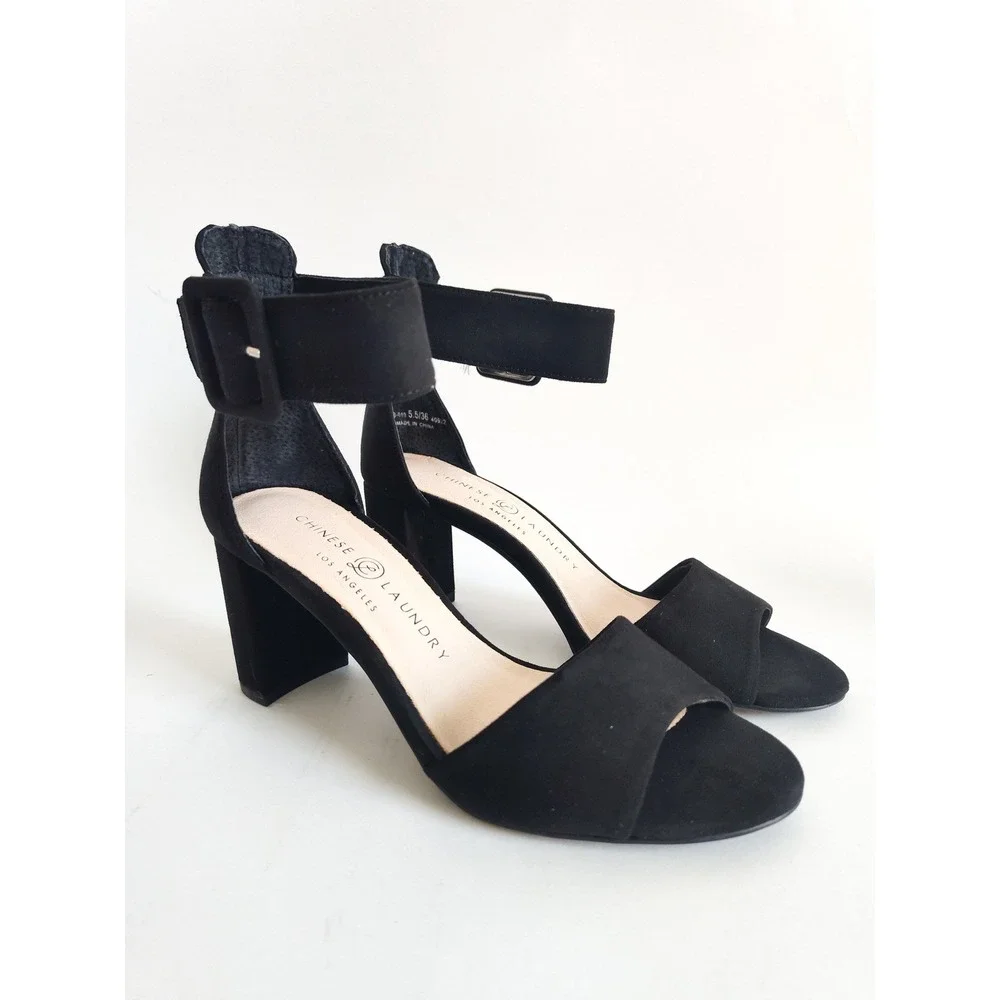 New Chinese Laundry Sandals 6.5 Black Block Heel Ankle Strap Buckle Minimalist